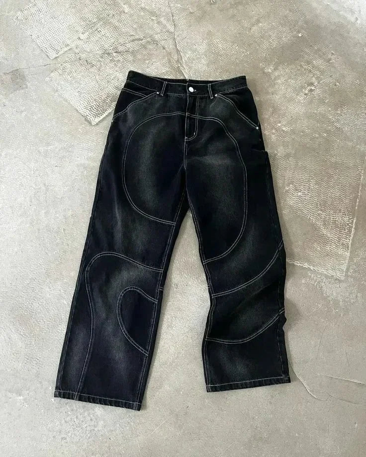 Jaqueta jeans retrô listrada bordada, conjunto de duas peças, terno Y2K, estilo Harajuku masculino, hiphop, jeans solto bordado