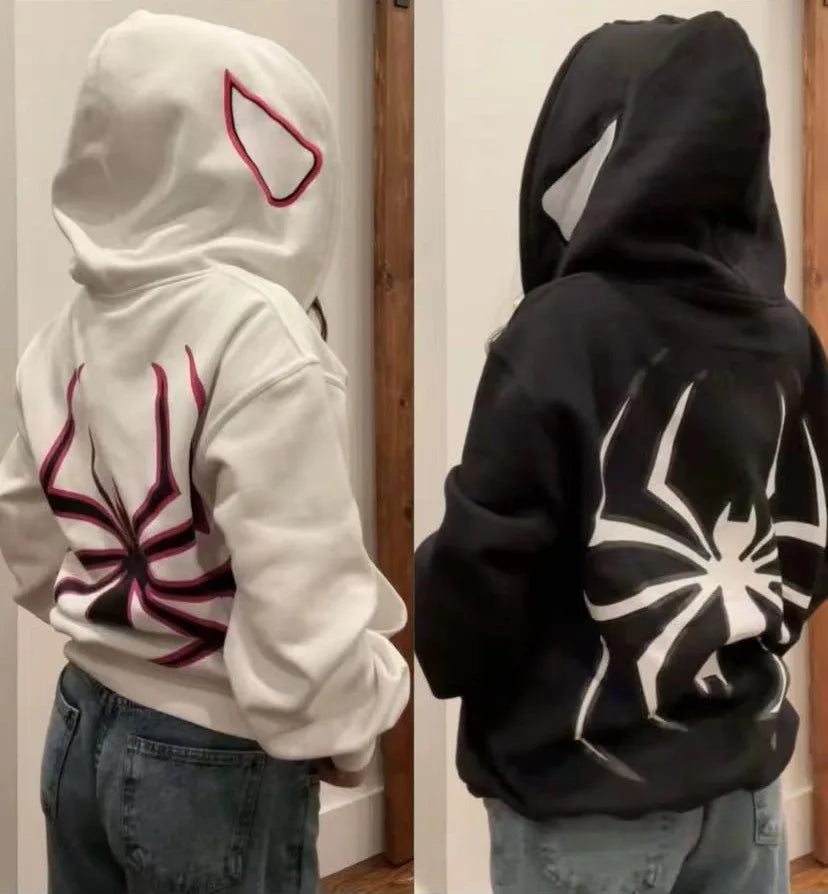 Casaco com capuz e fecho frontal completo com estampado de aranhas, estilo streetwear Harajuku, oversized, punk gótico, anos 2000.