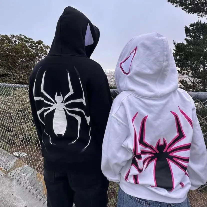 Casaco com capuz e fecho frontal completo com estampado de aranhas, estilo streetwear Harajuku, oversized, punk gótico, anos 2000.