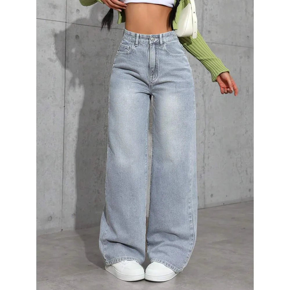 Calça jeans feminina de perna larga, cintura alta, reta, desgastada, lavada, bolsos