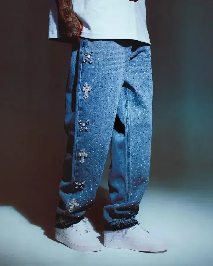 Harajuku Retro Rhinestone Jeans Y2K Long Pants Hip Hop Rock Rhinestone Blue Loose Jeans Low Waist Wide Leg Straight Leg Pants