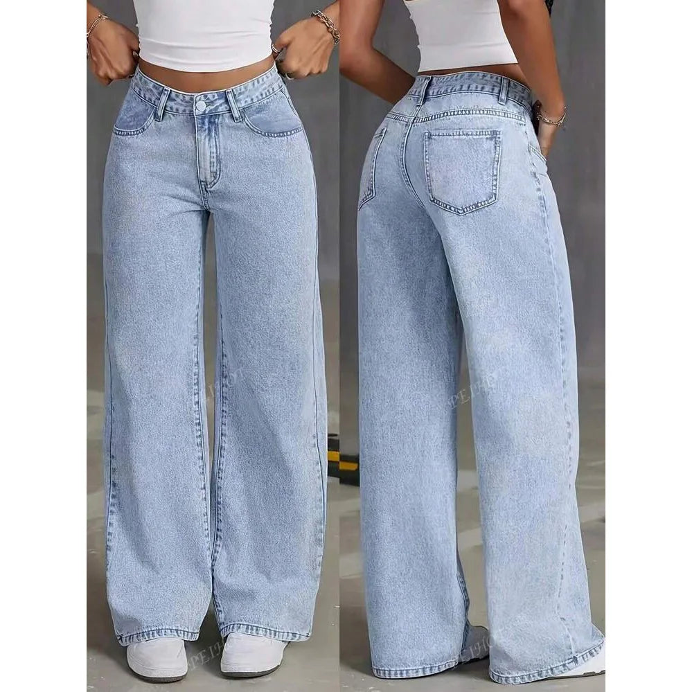 Calça jeans feminina de perna larga, cintura alta, reta, desgastada, lavada, bolsos