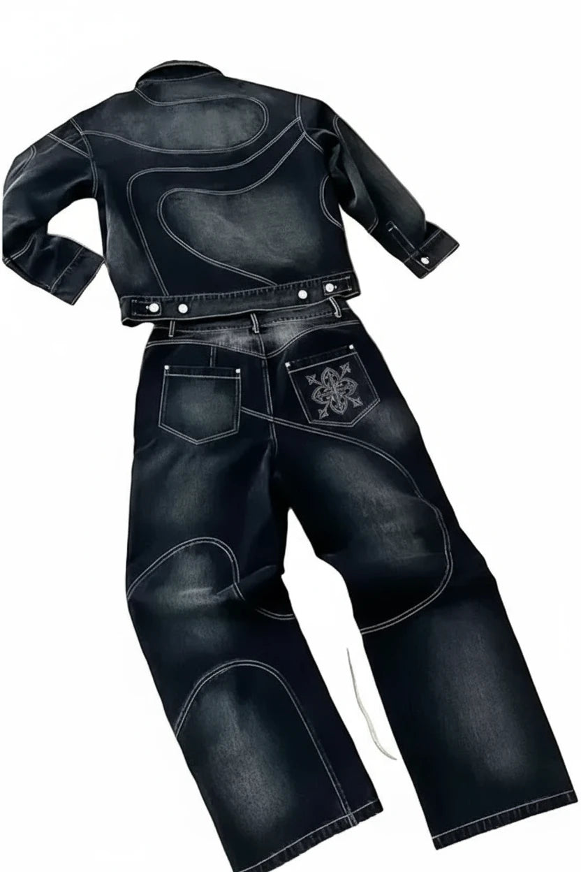 Jaqueta jeans retrô listrada bordada, conjunto de duas peças, terno Y2K, estilo Harajuku masculino, hiphop, jeans solto bordado