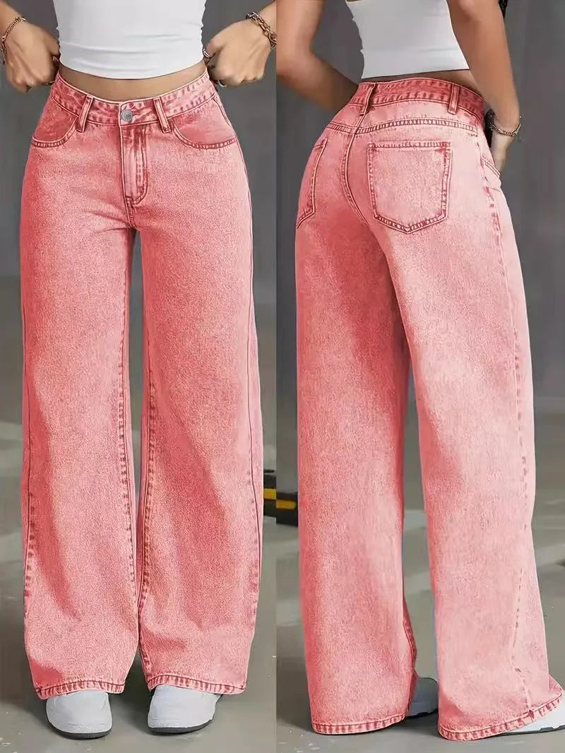 Calça jeans feminina de perna larga, cintura alta, reta, desgastada, lavada, bolsos