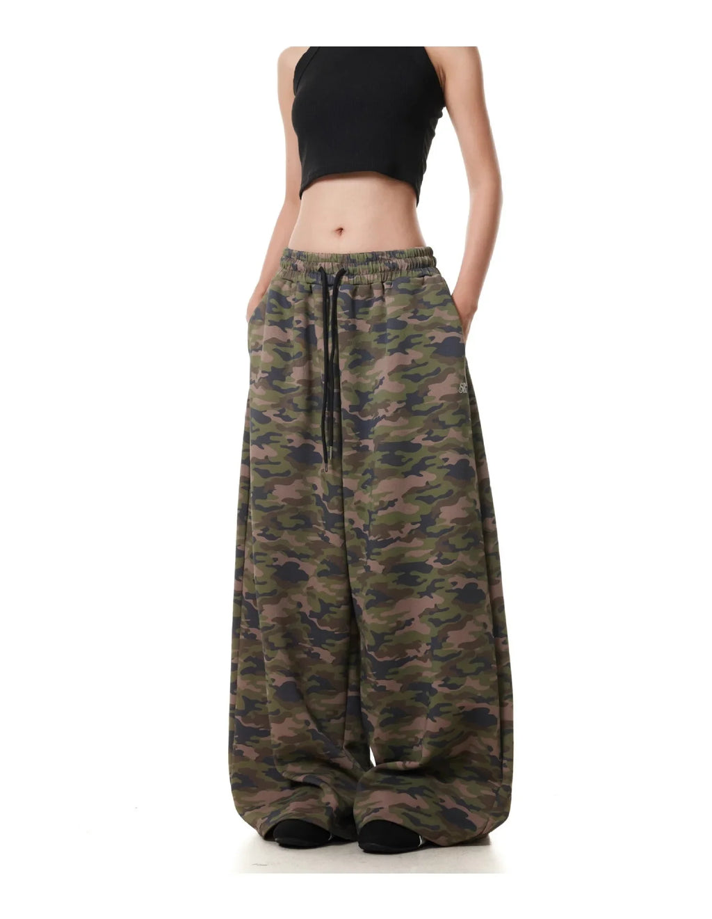 Calça camuflada retrô americana com cordão, pernas largas, estilo casual