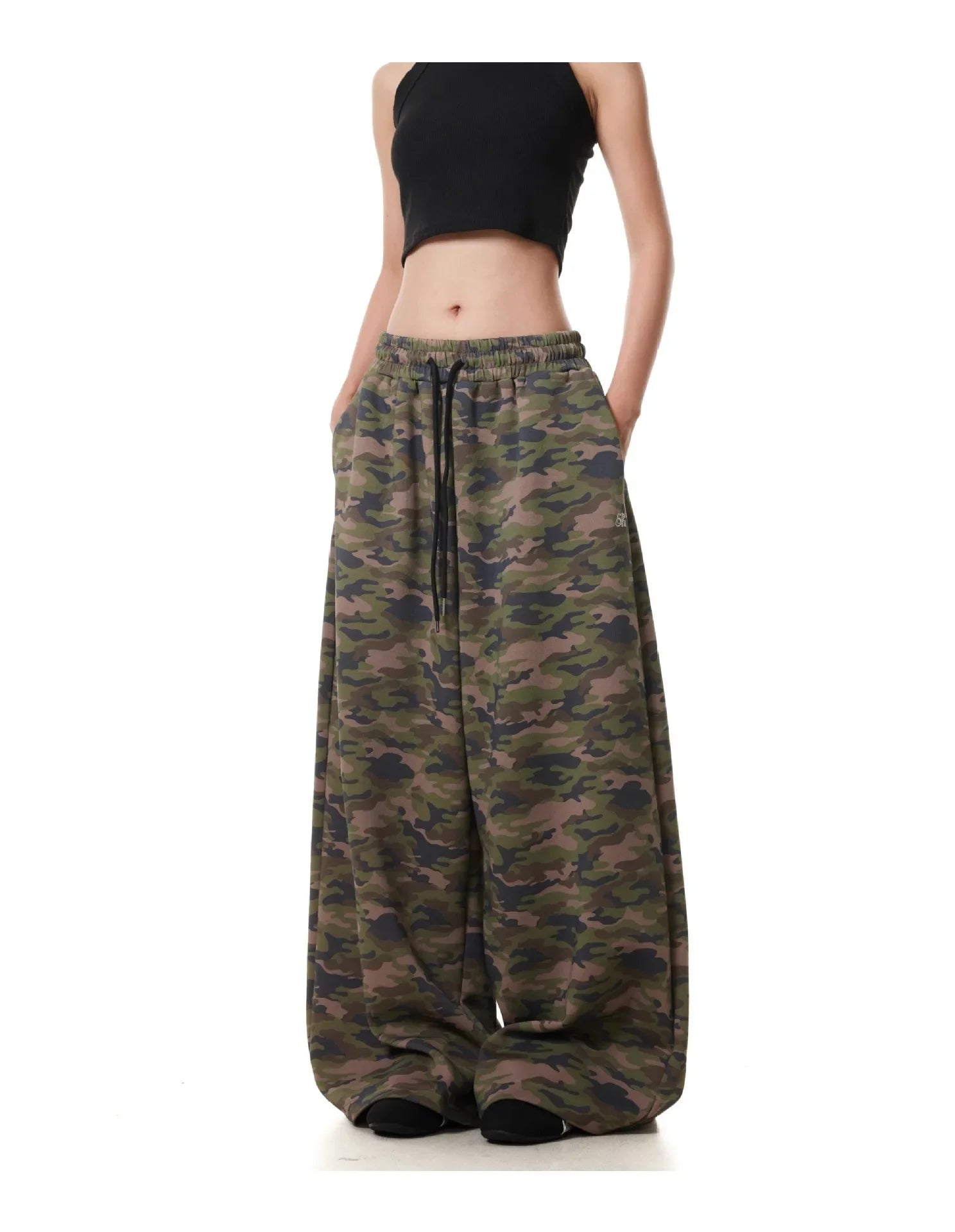 Calça camuflada retrô americana com cordão, pernas largas, estilo casual