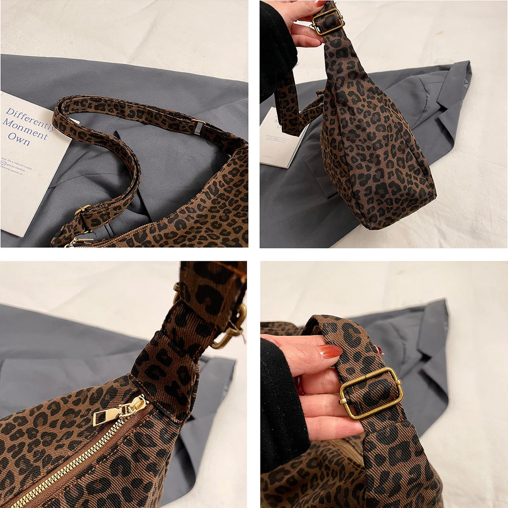 Bolsa transversal feminina moderna, casual, em tecido macio, com estampa de leopardo e grande capacidade. Ideal para o dia a dia e passeios.