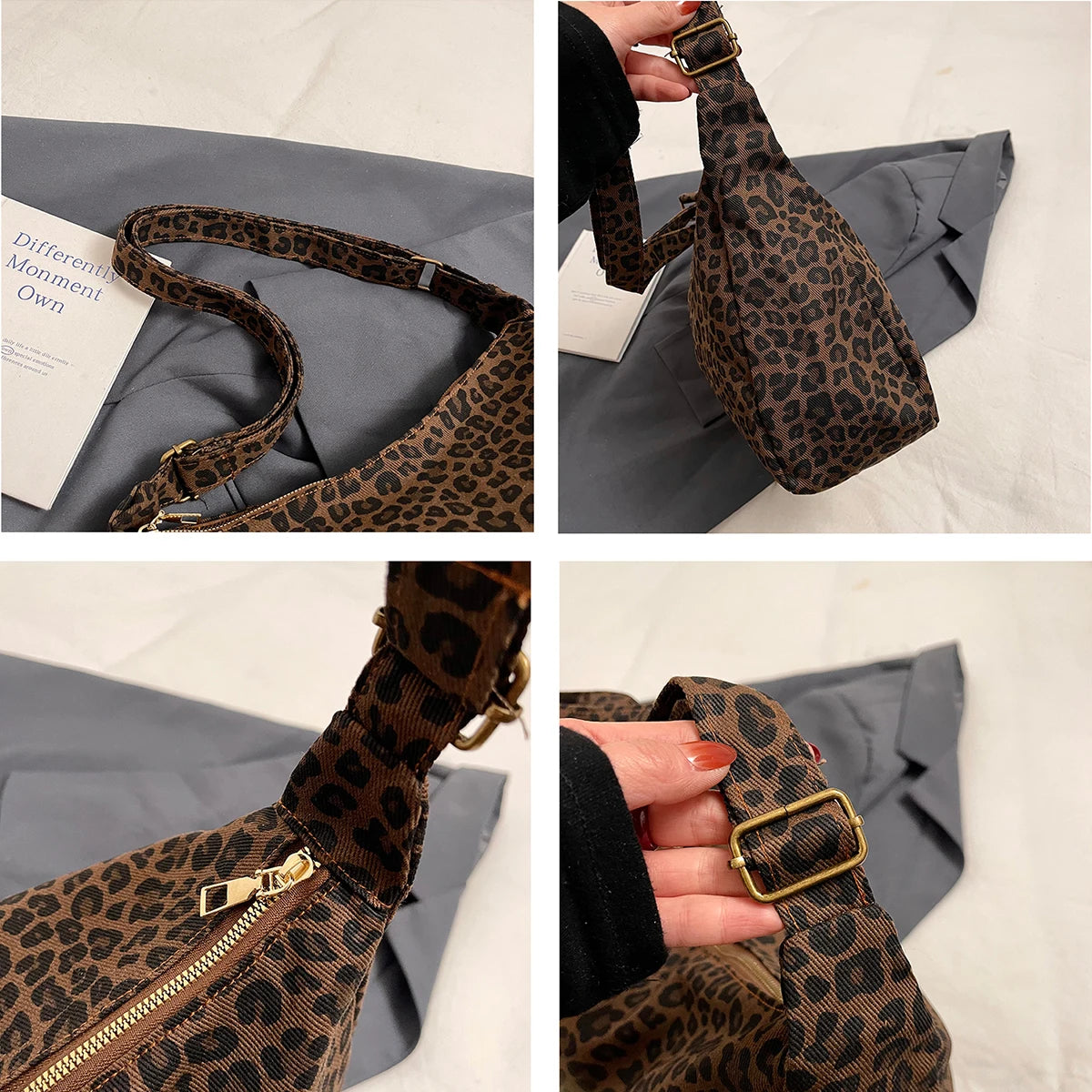 Bolsa transversal feminina moderna, casual, em tecido macio, com estampa de leopardo e grande capacidade. Ideal para o dia a dia e passeios.