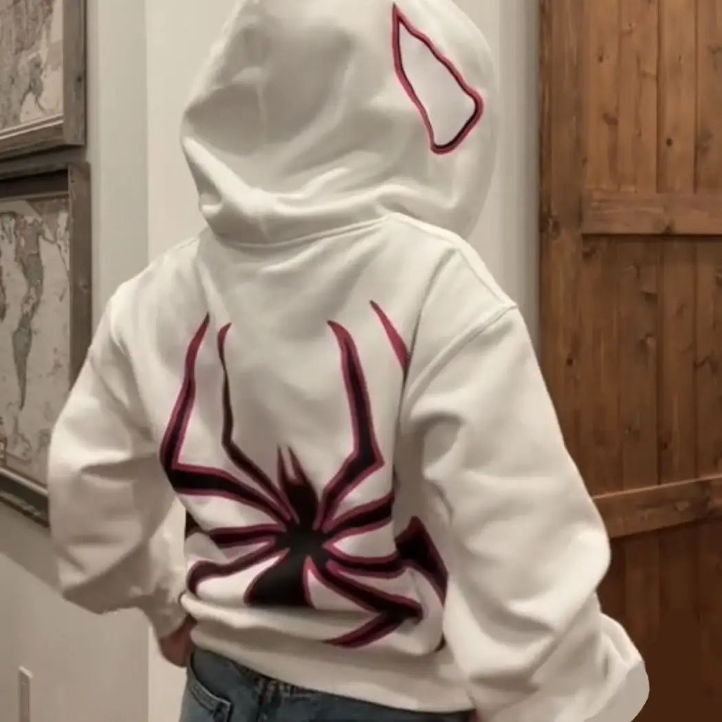 Casaco com capuz e fecho frontal completo com estampado de aranhas, estilo streetwear Harajuku, oversized, punk gótico, anos 2000.