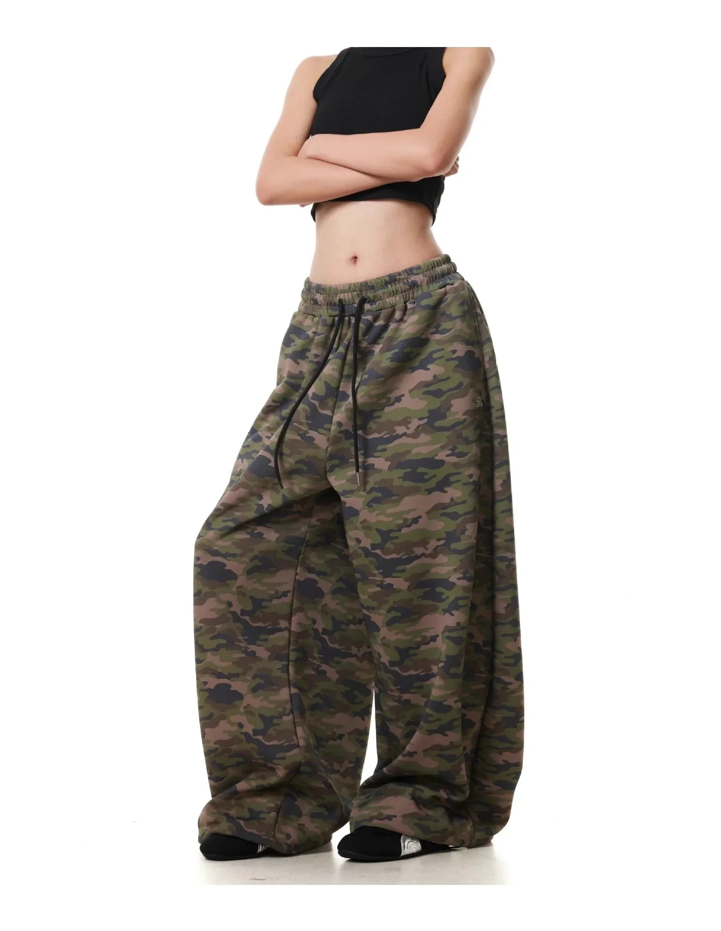 Calça camuflada retrô americana com cordão, pernas largas, estilo casual