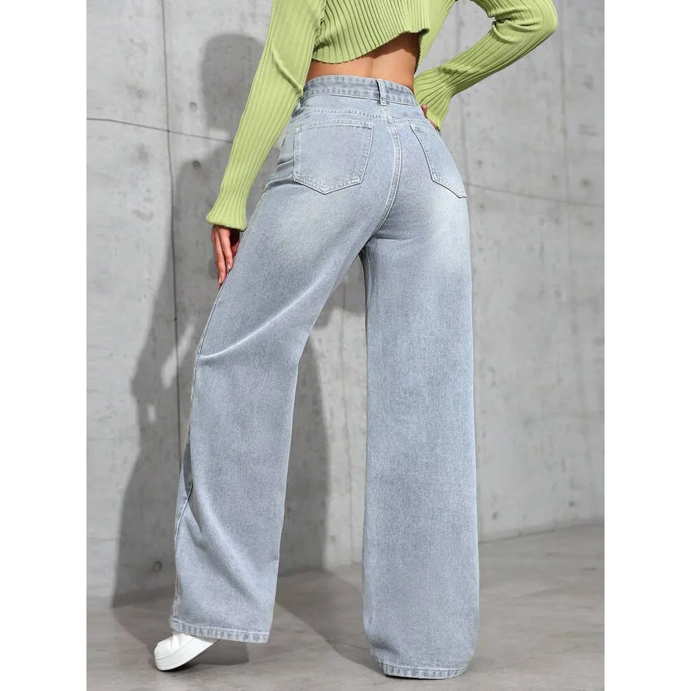 Calça jeans feminina de perna larga, cintura alta, reta, desgastada, lavada, bolsos