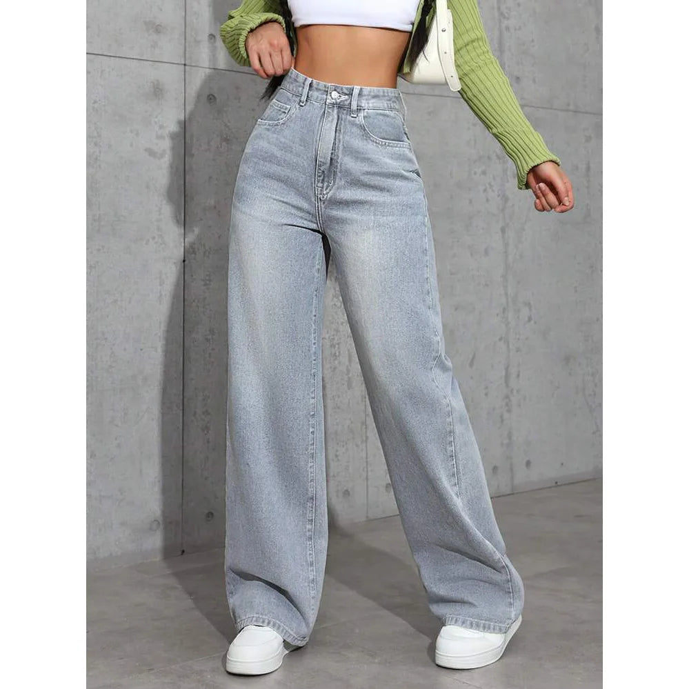 Calça jeans feminina de perna larga, cintura alta, reta, desgastada, lavada, bolsos
