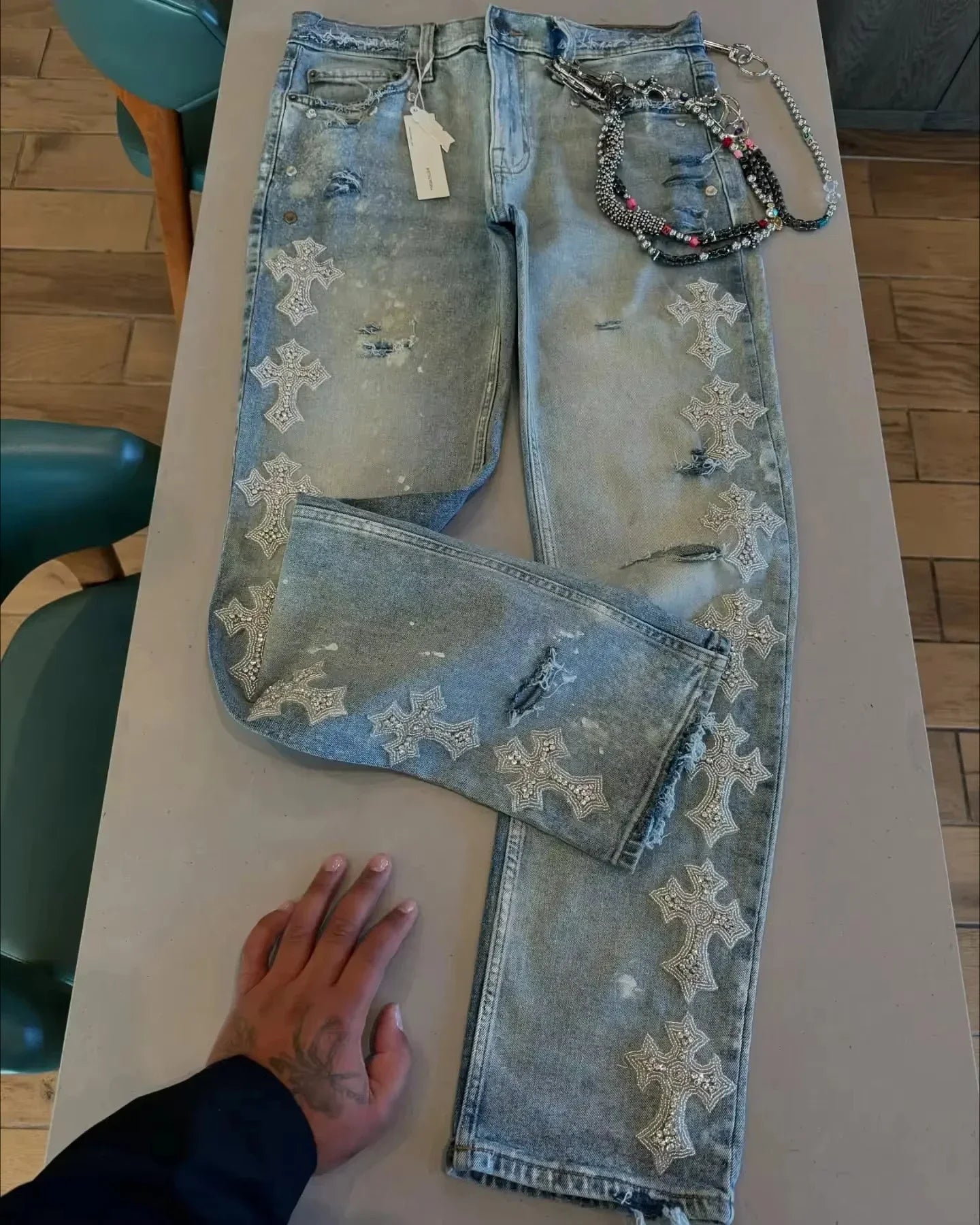 Harajuku Retro Rhinestone Jeans Y2K Long Pants Hip Hop Rock Rhinestone Blue Loose Jeans Low Waist Wide Leg Straight Leg Pants