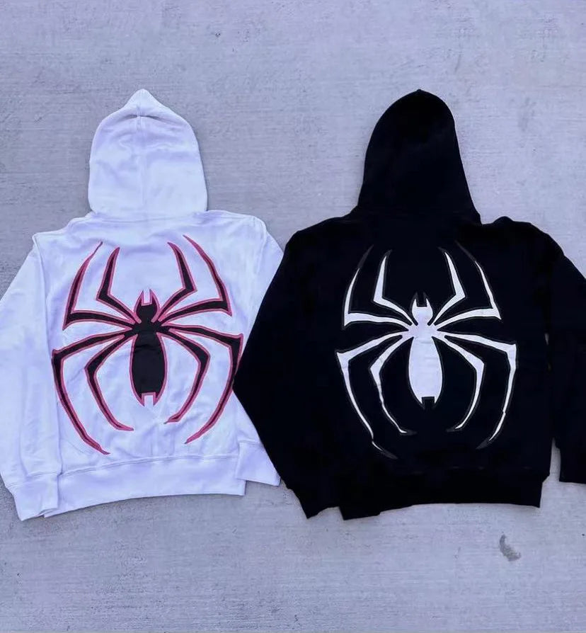 Casaco com capuz e fecho frontal completo com estampado de aranhas, estilo streetwear Harajuku, oversized, punk gótico, anos 2000.