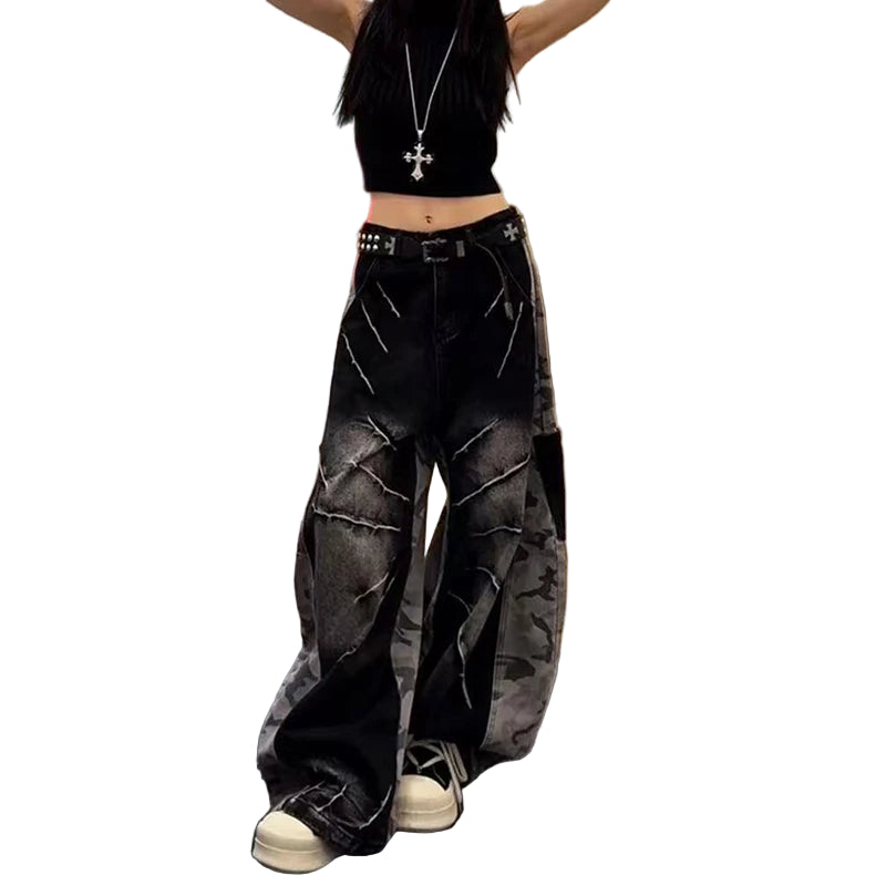 Calças de ganga pretas para mulher estilo Harajuku Y2K anos 90