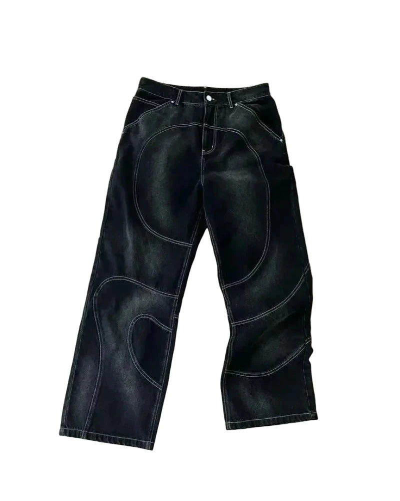 Jaqueta jeans retrô listrada bordada, conjunto de duas peças, terno Y2K, estilo Harajuku masculino, hiphop, jeans solto bordado