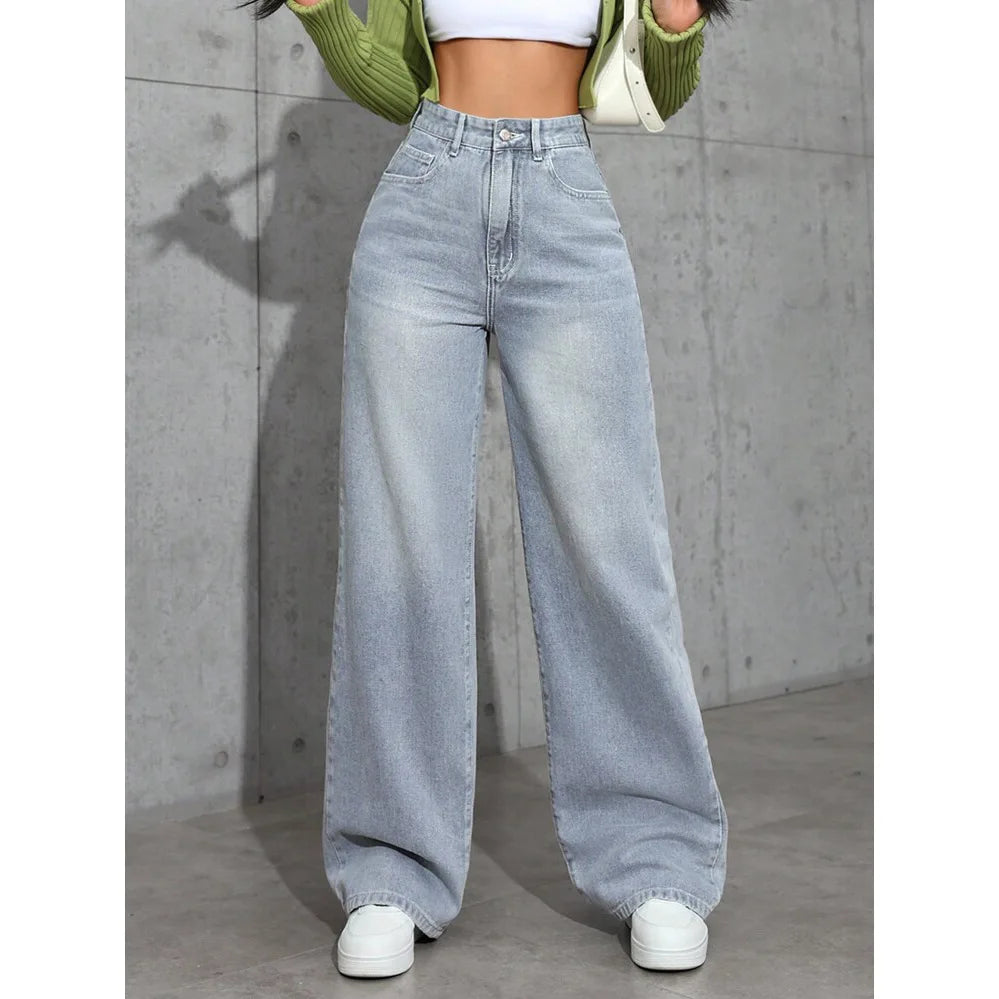 Calça jeans feminina de perna larga, cintura alta, reta, desgastada, lavada, bolsos