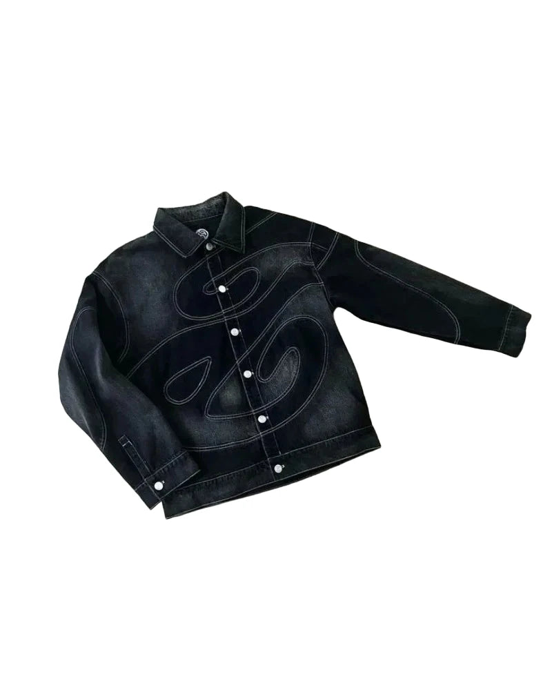 Jaqueta jeans retrô listrada bordada, conjunto de duas peças, terno Y2K, estilo Harajuku masculino, hiphop, jeans solto bordado