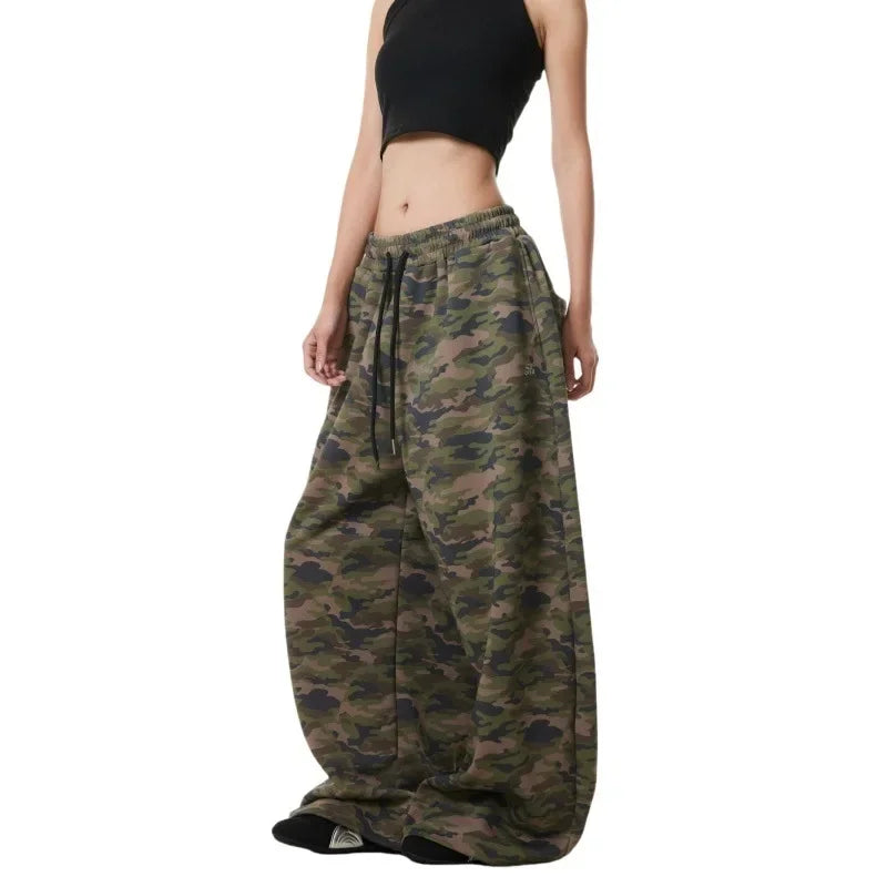 Calça camuflada retrô americana com cordão, pernas largas, estilo casual