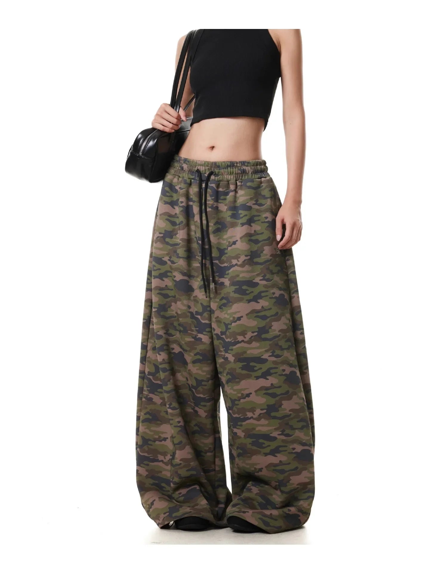 Calça camuflada retrô americana com cordão, pernas largas, estilo casual