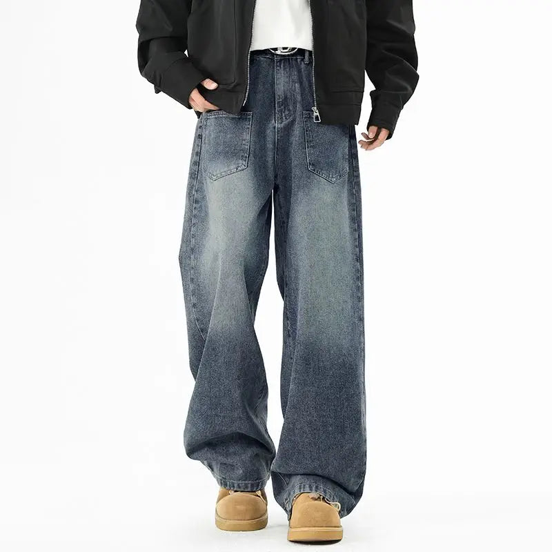 Calça de ganga casual larga para homem, estilo primavera/outono, tamanhos grandes