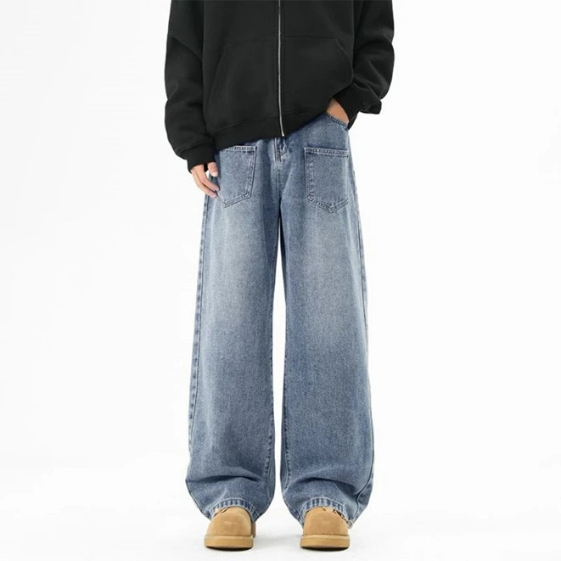 Calça de ganga casual larga para homem, estilo primavera/outono, tamanhos grandes