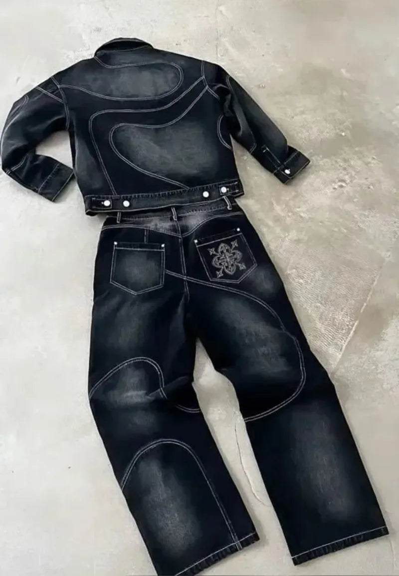 Jaqueta jeans retrô listrada bordada, conjunto de duas peças, terno Y2K, estilo Harajuku masculino, hiphop, jeans solto bordado