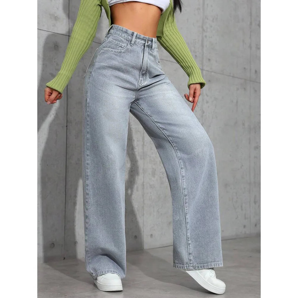 Calça jeans feminina de perna larga, cintura alta, reta, desgastada, lavada, bolsos