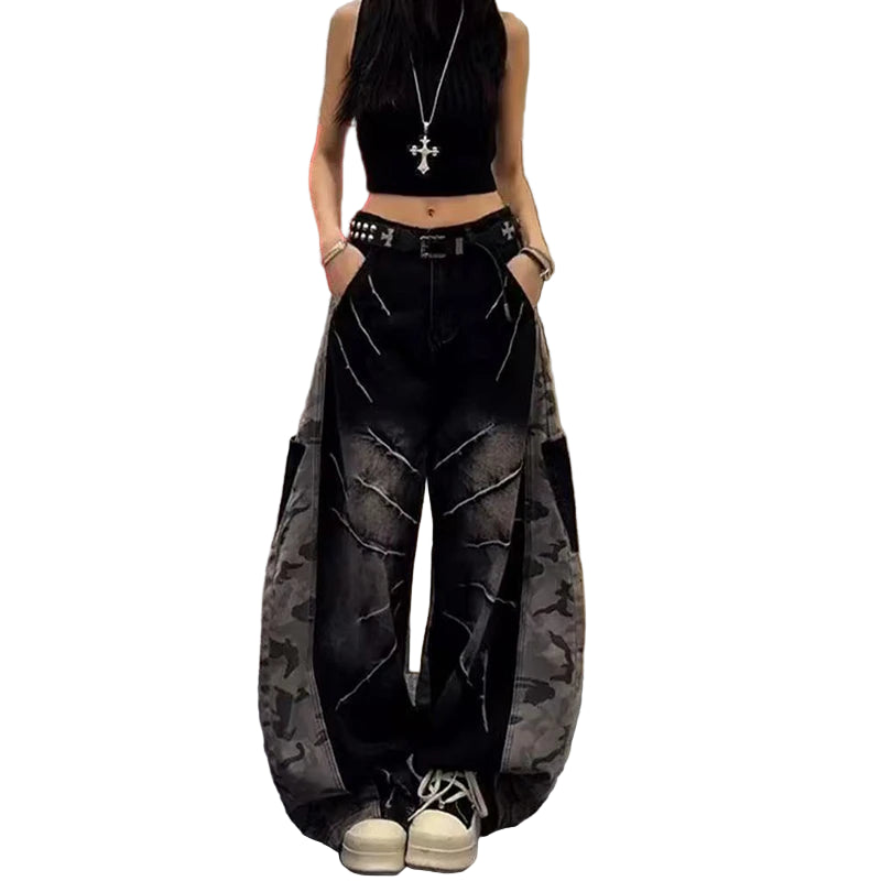 Calças de ganga pretas para mulher estilo Harajuku Y2K anos 90