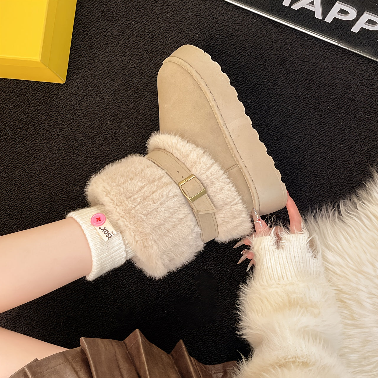 Botas de cano curto femininas com plataforma grossa e forro de pele sintética / Botas de inverno para clima frio